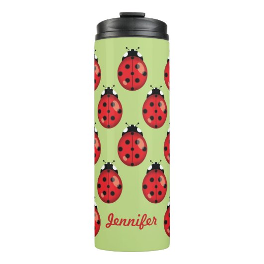 Rode Cartoon Ladybugs met aangepaste naam Thermosbeker (Voorkant)