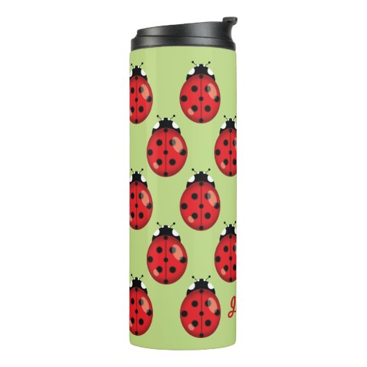 Rode Cartoon Ladybugs met aangepaste naam Thermosbeker (Gedraaid links)