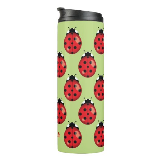 Rode Cartoon Ladybugs met aangepaste naam Thermosbeker (Geroteerd rechts)