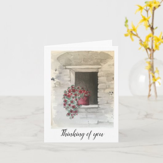 Rode cascading geranium bloempot in bakstenen raam kaart (Gele Bloem)