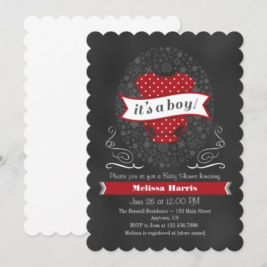 Rode Chalkboard Boy Baby shower Invite Kaart (Voorkant / Achterkant)