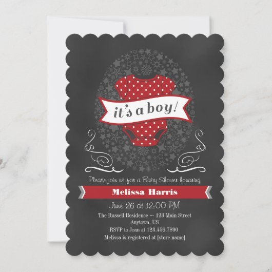Rode Chalkboard Boy Baby shower Invite Kaart (Voorkant)