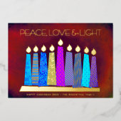 Rode Chanoeka Kaarsen Vrede Liefde Licht Echt Goud Folie Feestdagenkaart (Voorkant)