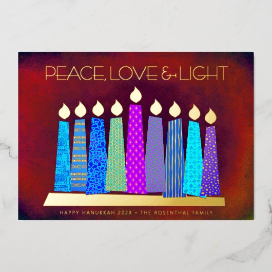Rode Chanoeka Kaarsen Vrede Liefde Licht Echt Goud Folie Feestdagenkaart (Voorkant)