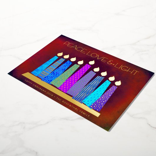 Rode Chanoeka Kaarsen Vrede Liefde Licht Echt Goud Folie Feestdagenkaart (Gedraaid)