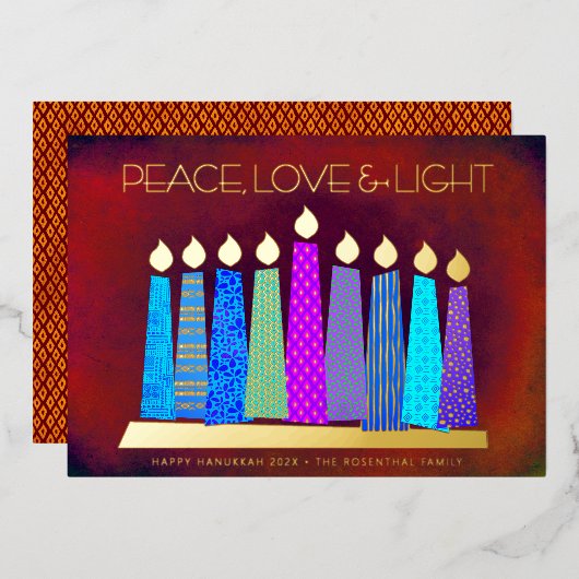 Rode Chanoeka Kaarsen Vrede Liefde Licht Echt Goud Folie Feestdagenkaart (Voorkant / Achterkant)