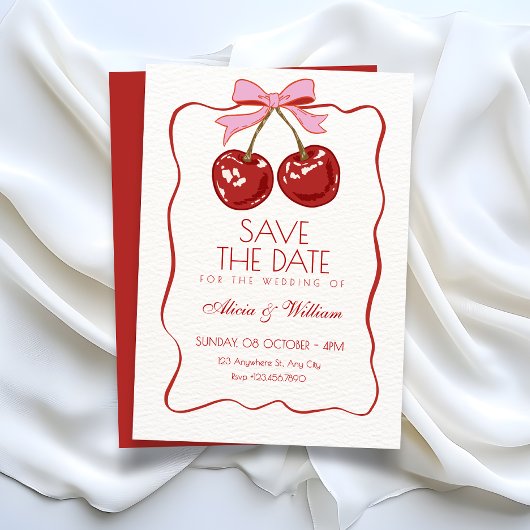Rode charmante kersenbruiloft save the date