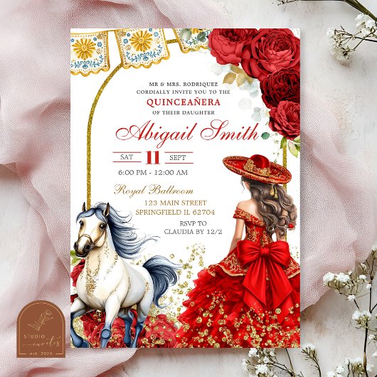 Rode Charra Roos Quinceanera Uitnodiging