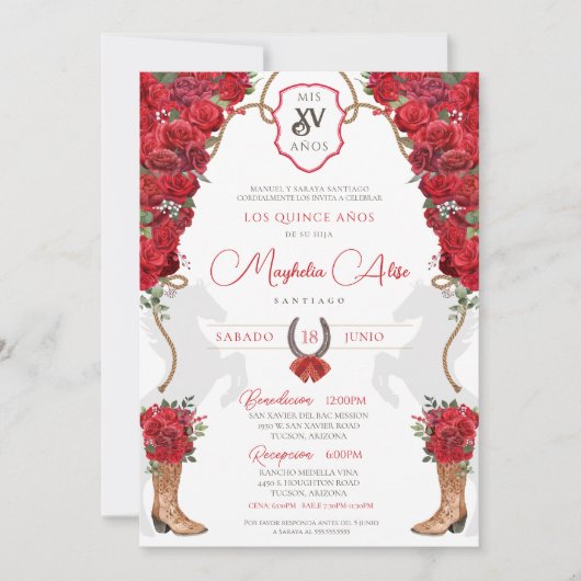 Rode Charro Land Westerne Ranch Stijl Quinceañera Kaart (Voorkant)