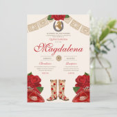 Rode Charro Mariachi Western Roos Quinceanera Kaart (Staand voorkant)