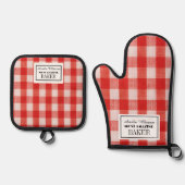 Rode check aangepaste bakker ovenwant & pannenlap set (Voorkant)