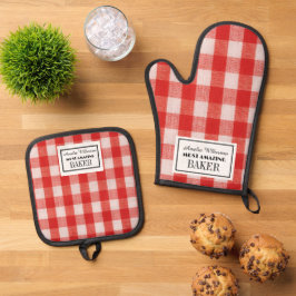 Rode check aangepaste bakker ovenwant & pannenlap set