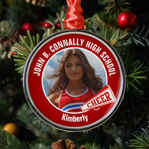 Rode Cheerleader Foto Middelbare School Kerstmis Metalen Ornament