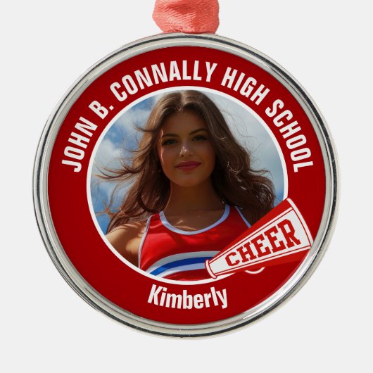 Rode Cheerleader Foto Middelbare School Kerstmis Metalen Ornament (Voorkant)