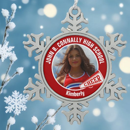 Rode cheerleader foto middelbare school tin sneeuwvlok ornament