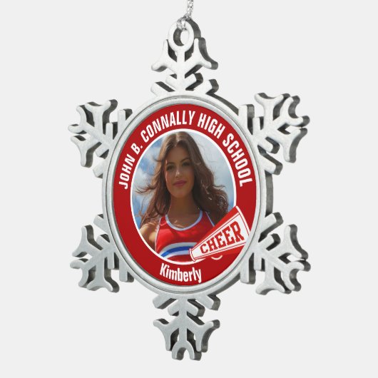 Rode cheerleader foto middelbare school tin sneeuwvlok ornament (Rechts)