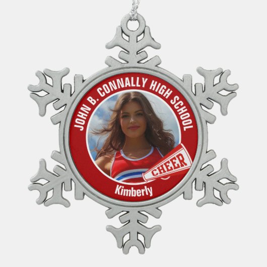 Rode cheerleader foto middelbare school tin sneeuwvlok ornament (Voorkant)