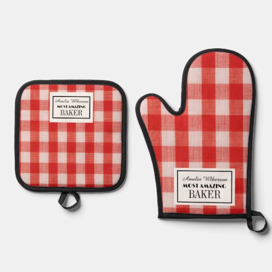 Rode cheque aangepaste bakker ovenwant & pannenlap set (Voorkant)