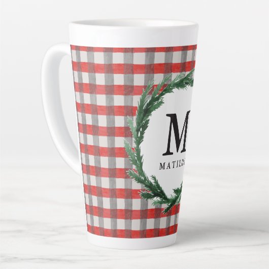 Rode cheque en aquarel initiaal krans kerst latte mok (Linkerhoek)