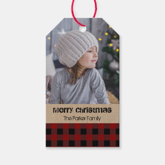 Rode cheque plaid Rustieke foto Kerstmis Cadeaulabel (Voorkant)