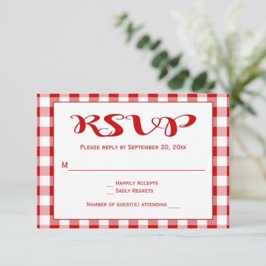 Rode cheques RSVP bruiloft, partij Gingham Plaid (Staand voorkant)