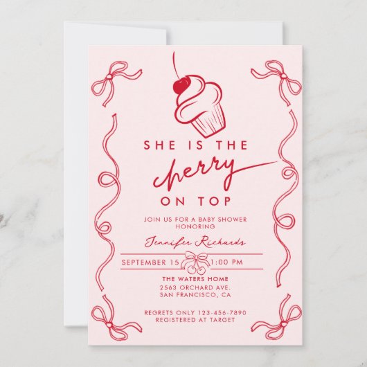 Rode Cherry Cupcake Roze Meisje Baby shower Kaart (Voorkant)