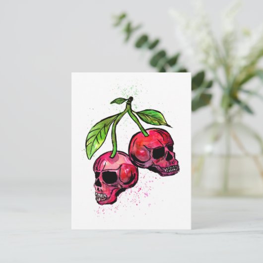 Rode Cherry Skulls Briefkaart (Staand voorkant)