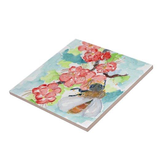 Rode Cherry Tree Blossom en bijen Tegeltje (Zijkant)