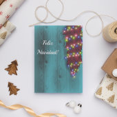 Rode Chile ristra op blauwe deur Kerstlichtjes Kaart