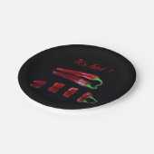 Rode chili op zwarte foto met tekst papieren bordje (Gekanteld)