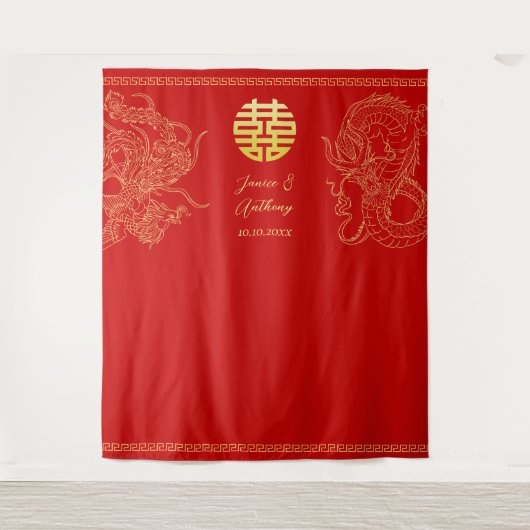 Rode Chinese bruiloft draak en feniks achtergrond Wandkleed (Voorkant)