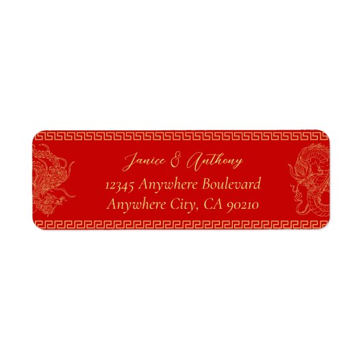 Rode Chinese bruiloft draak feniks retouradres Etiket (Voorkant)