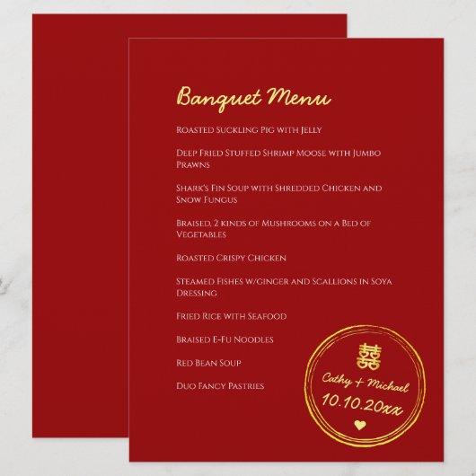 Rode chinese bruiloft dubbele geluksstempel menu (Voorkant / Achterkant)