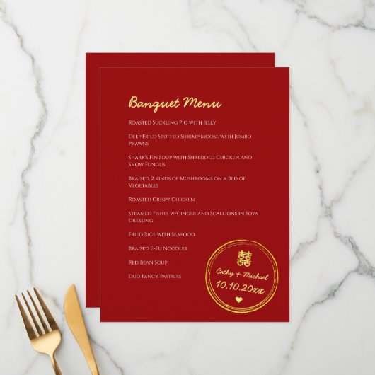 Rode chinese bruiloft dubbele geluksstempel menu (Voorkant / Achterkant in situ)