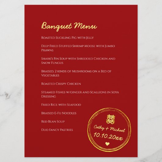 Rode chinese bruiloft dubbele geluksstempel menu (Voorkant)