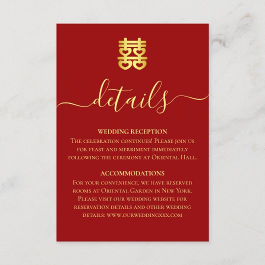Rode  Chinese bruiloft dubbele xi details Informatiekaartje (Voorkant)