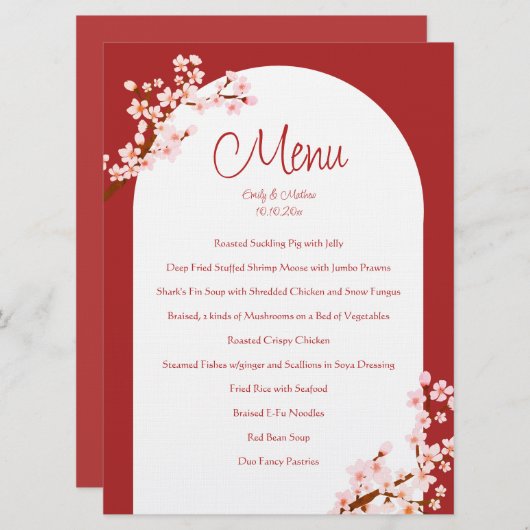 Rode Chinese bruiloft kersenbloesem boog banket Menu (Voorkant / Achterkant)