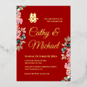 Rode Chinese bruiloft met dubbel geluk floral Folie Uitnodiging (Voorkant)