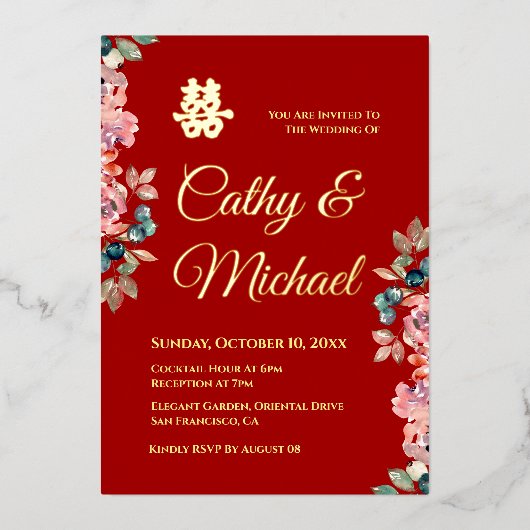 Rode Chinese bruiloft met dubbel geluk floral Folie Uitnodiging (Voorkant)