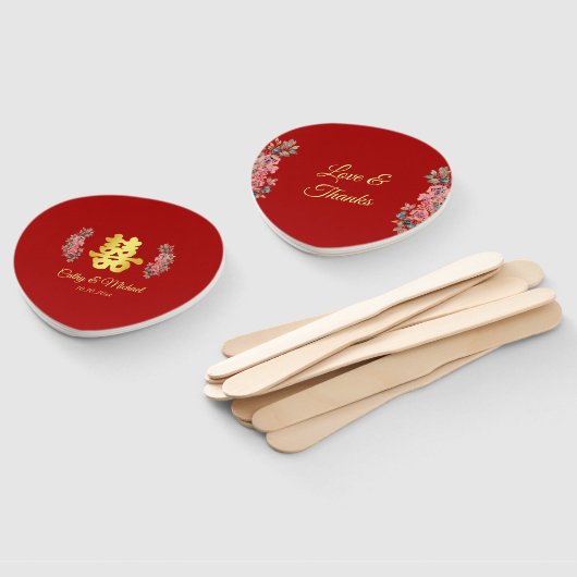 Rode Chinese bruiloft met dubbel geluk floral Handwaaier (Niet-gemonteerd)