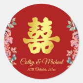 Rode Chinese bruiloft met dubbel geluk floral Ronde Sticker (Voorkant)