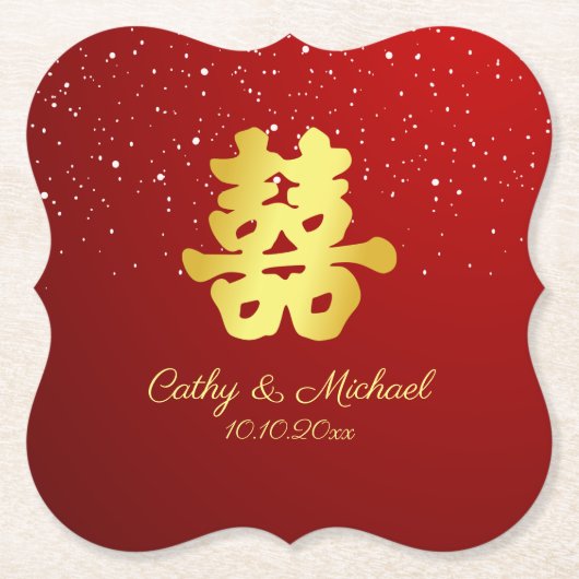Rode Chinese bruiloft met sneeuwvlok, dubbel geluk Kartonnen Onderzetters (Voorkant)