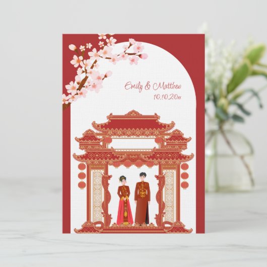 Rode Chinese bruiloft paar tempel kersenbloesem Kaart (Staand voorkant)