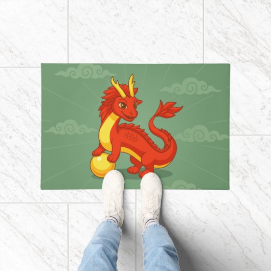 Rode Chinese Draak op Groen Deurmat (Binnen)