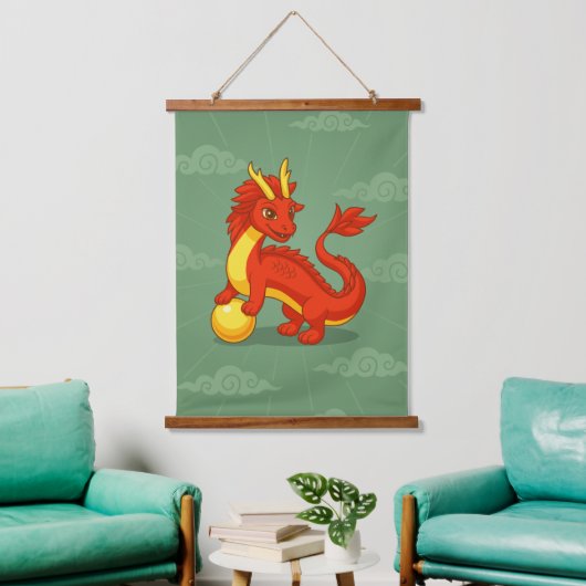Rode Chinese Draak op Groen Hangend Wandkleed (Woonkamer)