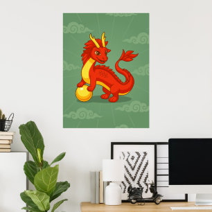 Rode Chinese Draak op Groen Poster
