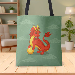 Rode Chinese Draak op Groen Tote Bag