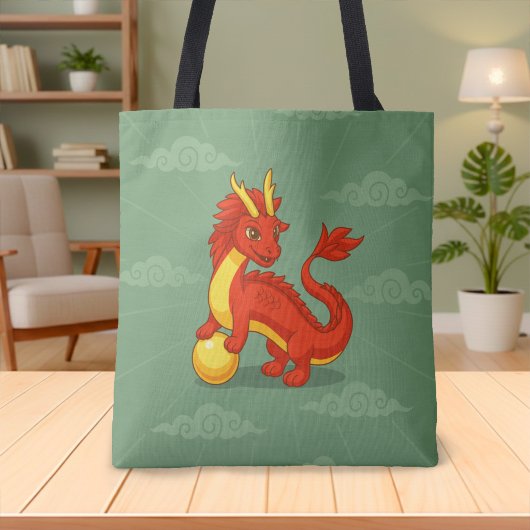 Rode Chinese Draak op Groen Tote Bag