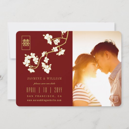 Rode Chinese foto van Peach Blosbezinksel Double H Save The Date (Voorkant)