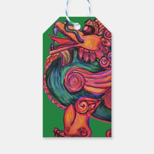 Rode Chinese leeuw op groen Cadeaulabel (Voorkant)